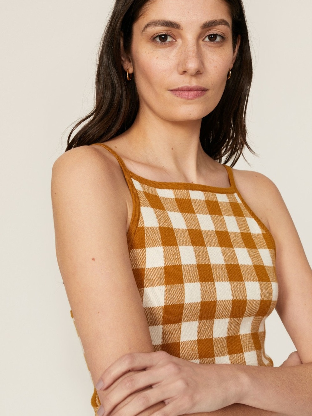 Madewell Mustard and Cream Gingham Knit Cami